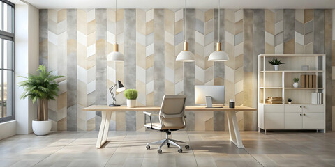 Serene Workspace Harmony: Sun-drenched minimalist home office with natural wood, sleek furniture, and lush greenery, embodying productivity and tranquility. 