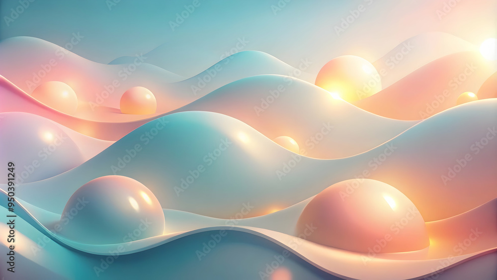 Poster luminous flow: abstract waves of pastel hues dance with glowing orbs, creating a serene and ethereal