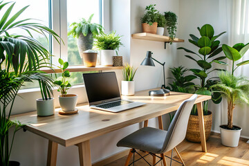 Green Haven Home Office: Sun-drenched home office with a wooden desk, ergonomic chair, and an array of vibrant plants nestled by a window overlooking a cityscape. 