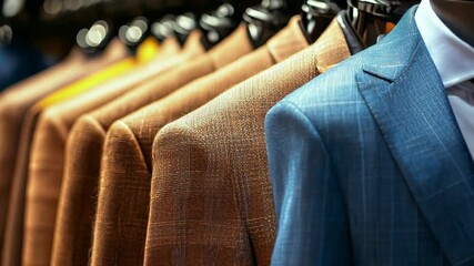 A collection of stylish tailored suits arranged neatly on hangers in a clothing store. The assortment features various colors and patterns, appealing to sophisticated tastes.