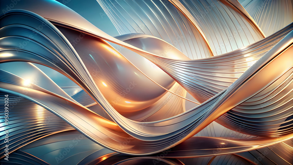 Poster abstract metallic flow: a mesmerizing digital rendering of intertwining silver and gold ribbons, cre