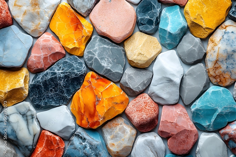 Poster detailed terrazzo pastel pattern with intricate geometric shapes and realist textures on a clean whi