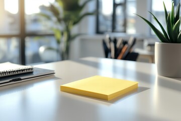 A bright, modern workspace featuring a yellow notepad, a notebook, and a plant, bathed in natural light from large windows
