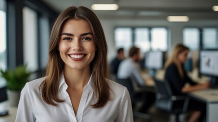 Beautiful  woman smiling with blur teammates working in modern office, looking at camera