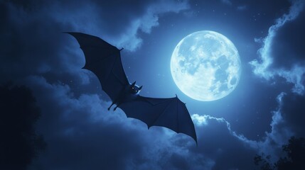 Fototapeta premium Mysterious Bat Flying in Moonlit Night Sky with Stars and Clouds - Spooky Halloween Illustration