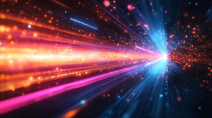 Fototapeta premium A vibrant abstract representation of light beams and particles in motion, showcasing dynamic colors and depth, creating a sense of speed and energy