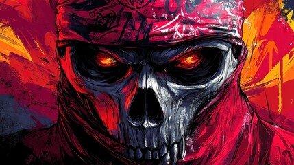 Obraz premium Glowing Eyes Skull with Red Bandana and Abstract Background
