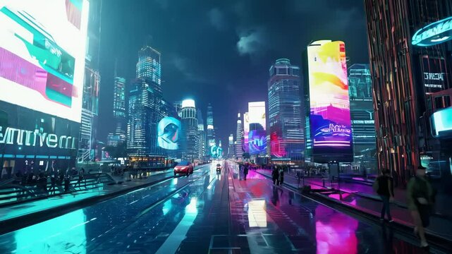 Futuristic dark cyberpunk city technology dystopia streets cars colorful neon AI lights glow night architecture skyscrapers background cyberspace technology simulation cyber fantasy science fiction