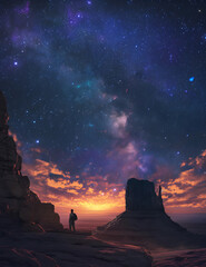 Dramatic landscape under a starry night sky featuring a lone figure silhouetted against vibrant sunset hues, with rugged rock formations and the Milky Way.