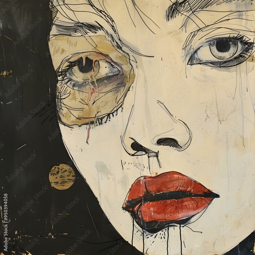 Canvas Prints Abstract Woman Portrait With Red Lips and Tears