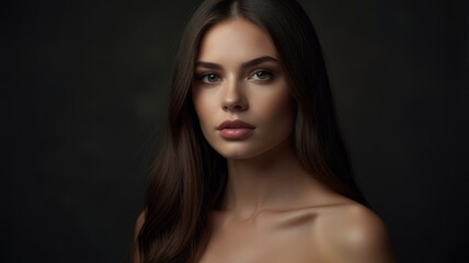 Obraz premium Beautiful woman smooth long hair brunette natural make up beautiful female portrait dark background