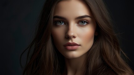 Fototapeta premium Beautiful woman smooth long hair brunette natural make up beautiful female portrait dark background