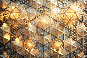 Fototapeta premium Geometric Pendant Lights: A collection of stylish, geometric pendant lights illuminate a modern interior space, creating a warm and inviting ambiance. The lights cast intricate shadows on the texture