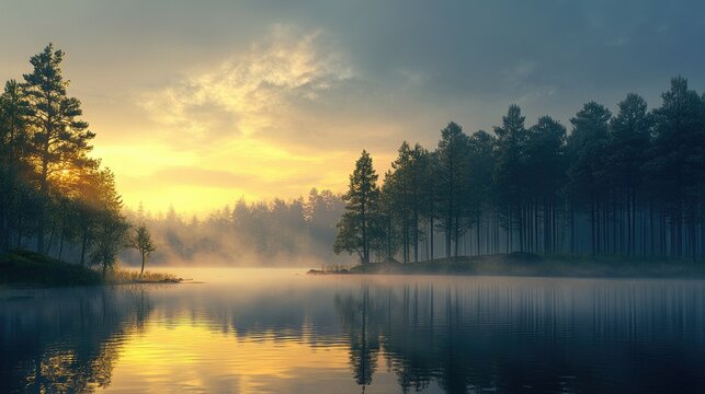 A tranquil scene of a calm lake surrounded by pine trees, with mist rising from the water at dawn