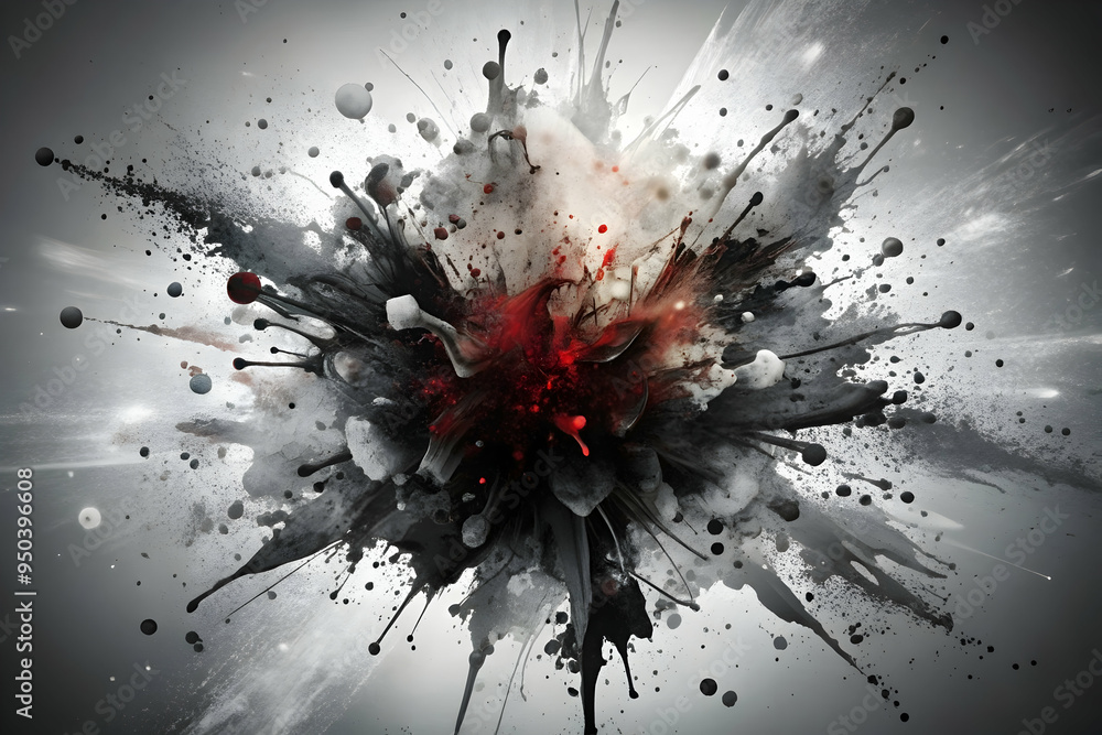 Poster ink explosion: a dramatic black ink splatter explodes across a textured gray background in this abst