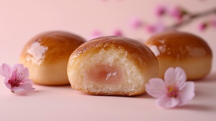 Sakura Anpan: Delicious Japanese Sweet Bread with Cherry Blossom Anko Filling on Plain Background