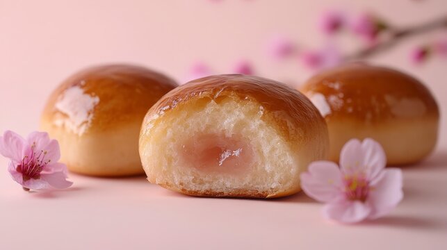 Sakura Anpan: Delicious Japanese Sweet Bread with Cherry Blossom Anko Filling on Plain Background