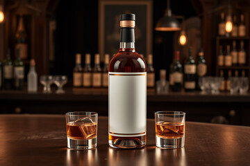 Realistic whiskey bottle mockup featuring detailed label design and premium packaging. Perfect for showcasing branding, label design, and packaging for craft spirits and premium whiskey products.