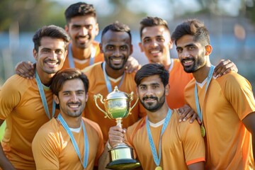 Indian Soccer Team Posing with Trophy - An Indian soccer team, celebrating with a trophy after a match outdoors.