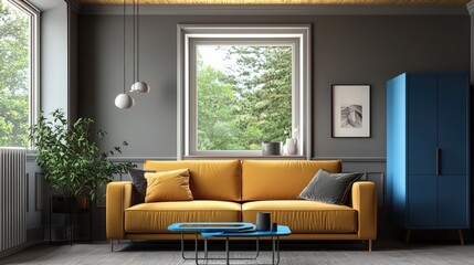 Fototapeta premium Space with goldenrod couch, gray tones, wooden ceiling, blue modern furniture.