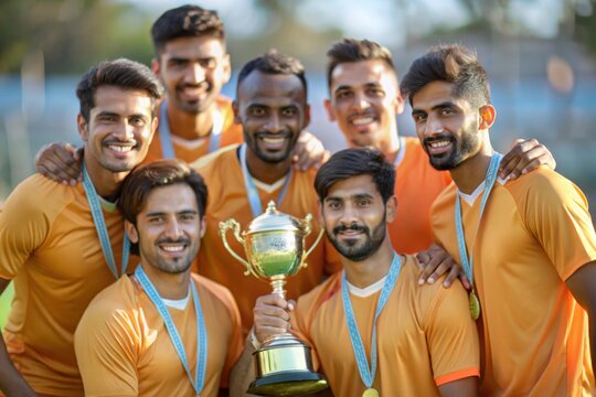 Indian Soccer Team Posing with Trophy - An Indian soccer team, celebrating with a trophy after a match outdoors.
