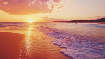 Obraz premium Beautiful beach at sunset with golden sand, calm waves, and a vibrant sky transitioning from orange to pi