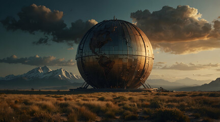 The Last Relic: A colossal, weathered globe, a relic of a forgotten era, stands sentinel in a desolate wasteland, framed by a dramatic sunset and snow-capped mountains. 