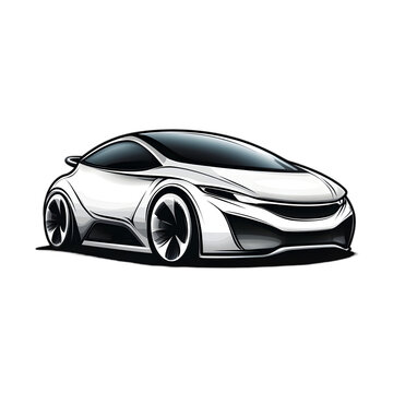 recommend clip art: A white sports car with sleek lines and a blacked out wheel is rendered in a white background.