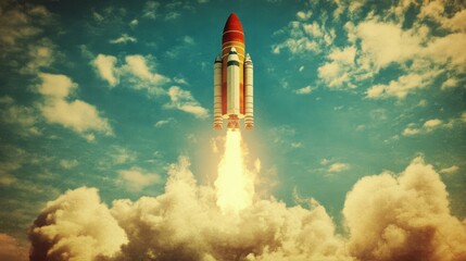 Fototapeta premium Spacecraft Launch Through Clouds - A Journey Into The Unknown