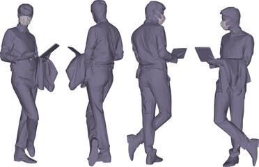 Vector silhouette illustration sketch design image of young executive office worker employee wearing mask to avoid virus