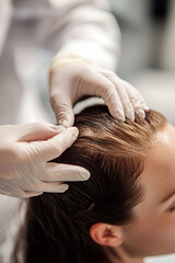 Fototapeta premium Professional dermatologist examining a patient's scalp with gloves to assess hair health and recommend appropriate treatment in a medical setting