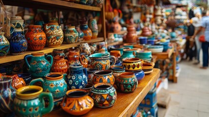 Colorful Pottery in Moroccan Market