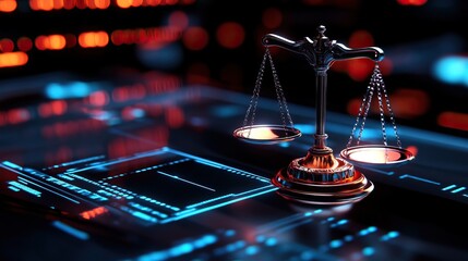 Scales of justice on a futuristic digital interface, symbolizing the intersection of law and technology in a cyber environment.