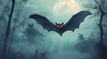 Naklejka premium Eerie Halloween Night with Sinister Bat Flying Over Spooky Forest