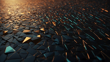 Obraz premium Shattered Obsidian Sunset: A mesmerizing 3D render of a fragmented obsidian plane reflecting the warm hues of a setting sun. 