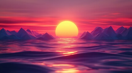 Fototapeta premium Geometric Sunset Over Ocean and Mountains