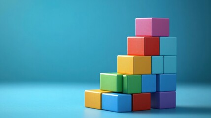 Colorful Building Blocks Stacked on Blue Background