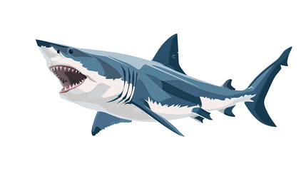 Obraz premium A flat style illustration of a Mako shark in an aggressive pose, mouth wide open displaying sharp teeth, against a pure white background. The minimalist design focuses on the shark