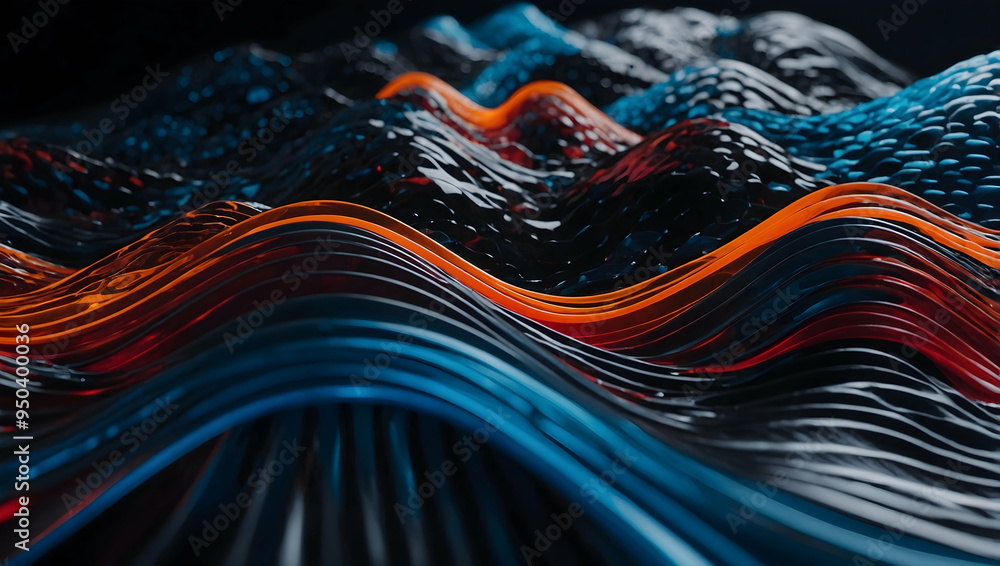 Poster molten data streams: abstract waves of blue and orange digital energy flow and ripple, depicting the