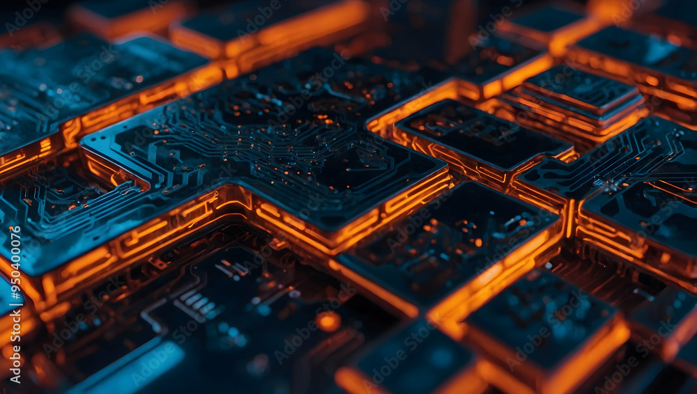 Poster circuitry in motion: the heart of modern technology, a close-up shot of a glowing cpu amidst intrica