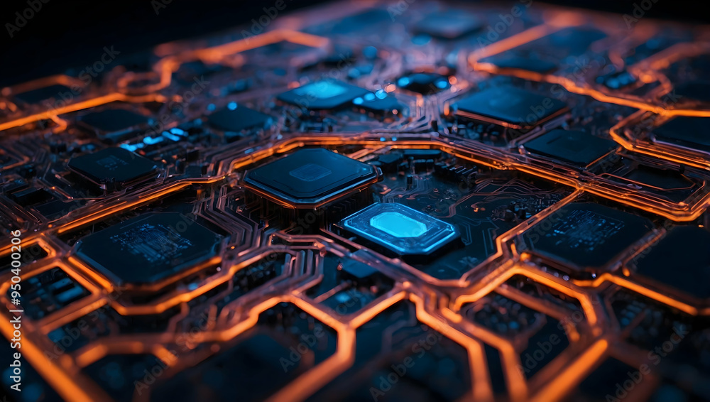 Poster circuitry in motion: the heart of modern technology, a close-up shot of a glowing cpu amidst intrica