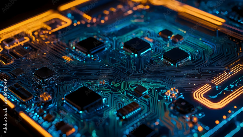 Poster circuitry glow: a close-up, abstract shot of a circuit board bathed in mesmerizing blue and orange l