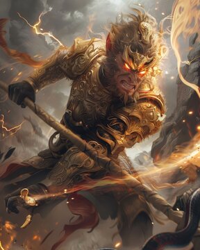 Sun Wukong, the Monkey King, in the middle of an intense battle with a horde of demons with his golden cudgel 