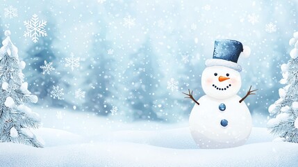 Obraz premium Joyful snowman in a winter wonderland with snowfall, surrounded by frosty trees and snowflakes, creating a festive and serene holiday scene.