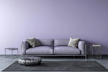 Lavender-colored walls with sleek silver furnishings and a contrasting dark grey rug.