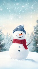 Charming snowman with a red scarf and blue hat in a snowy winter landscape, surrounded by trees and falling snowflakes.