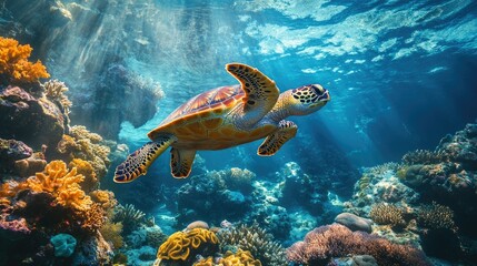 Obraz premium Close-up of a turtle swimming through a coral reef, emphasizing the need to protect marine biodiversity