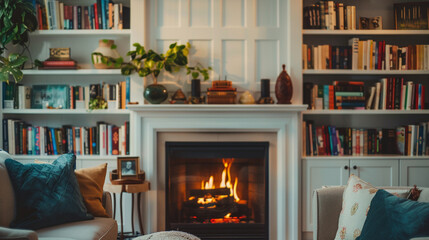 A close-up shot of a fireplace with a built-in bookshelf beside it, showing books and decorative items neatly arranged.