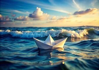 Obraz premium Paper boat in the sea on a background of blue sky with clouds