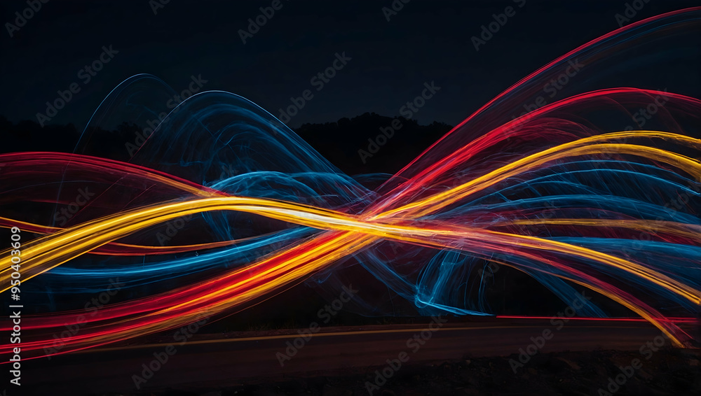 Poster abstract light trails: a mesmerizing dance of vibrant, abstract light trails in a dark background, c